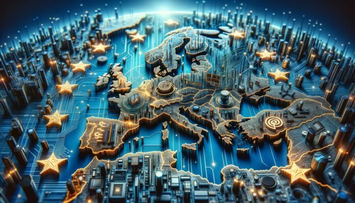 Eine mit Sternen geschmückte digitale Europakarte, die die Fortschritte und Herausforderungen des EU-Berichts 2023 im digitalen Zeitalter zeigt.