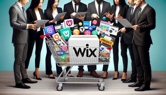 Eine Gruppe von Geschäftsleuten steht um einen Einkaufswagen mit dem Wort „wix“ und diskutiert über die verschiedenen Möglichkeiten, heute ein E-Commerce-Unternehmen zu gründen.