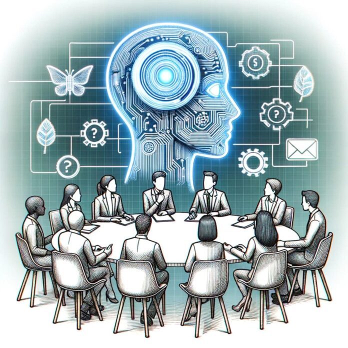 Eine Gruppe von Menschen sitzt an einem Tisch mit einem Roboterkopf in der Mitte und diskutiert über Ethik und Verantwortung in der künstlichen Intelligenz.