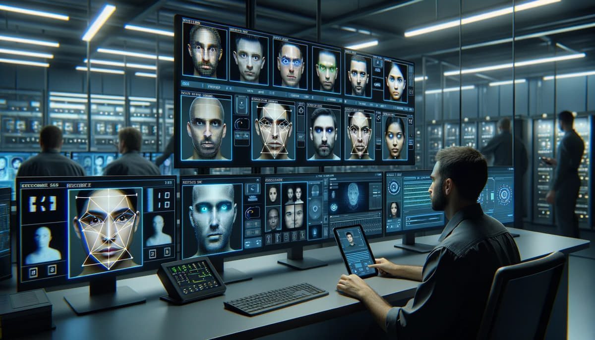 Ein Mann arbeitet an einem Computer in einem Raum mit vielen Monitoren und beschäftigt sich mit Computer Vision und Bilderkennung.