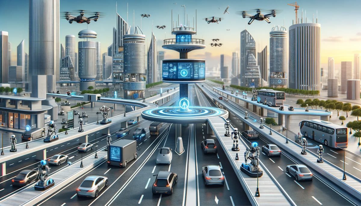 Eine technologiegetriebene Stadt mit futuristischen Autos, Robotik und autonomen Systemen.